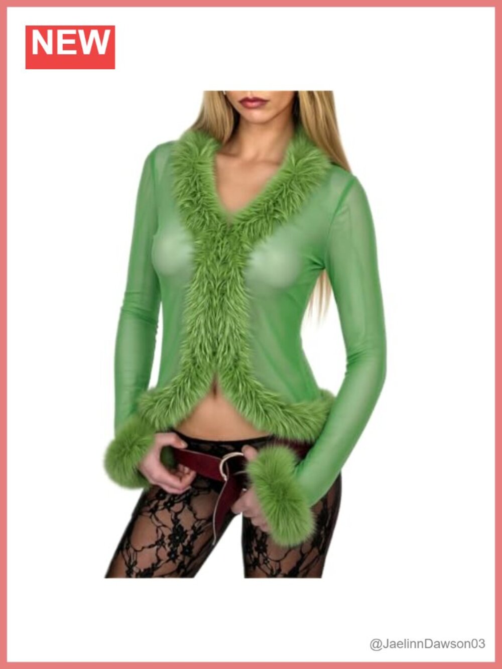 Women's Faux Fur Trim Sheer Mesh Crop Top Long Sleeve V-Neck Open Front